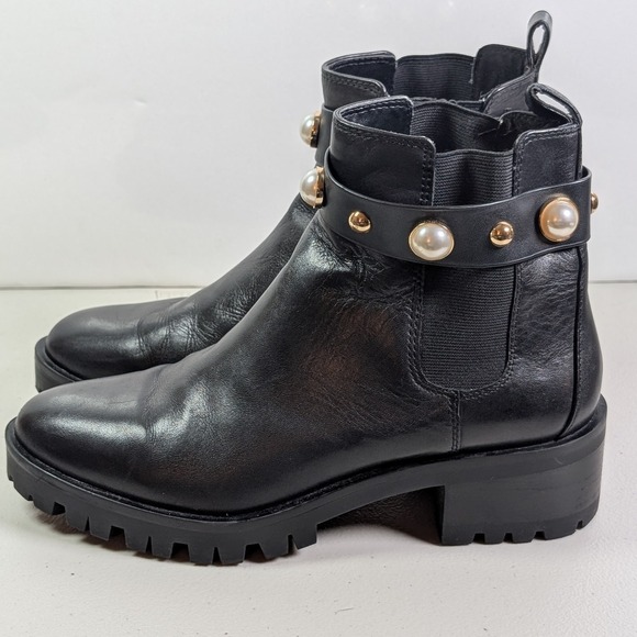 KARL LAGERFELD Paris Pola Black Leather Embellished Chelsea Ankle Boot Women's 8 - Picture 7 of 11